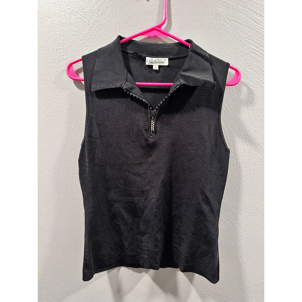 Belldini Black Sleeveless Knit Top Rhinestone Quarter Zip Collared XL